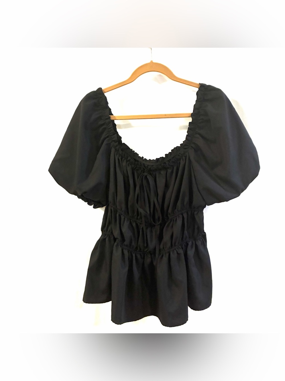 Boohoo Black Puff Sleeve Smocked Peasant Top Size 16